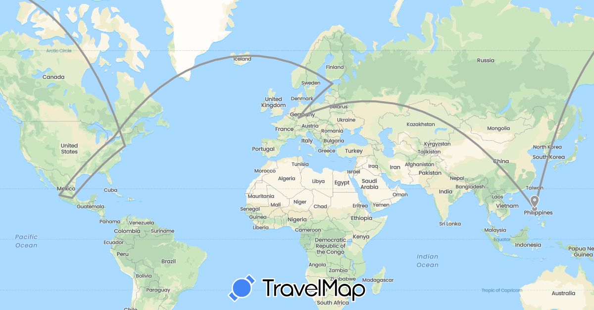 TravelMap itinerary: driving, plane in Canada, Germany, Estonia, Mexico, Philippines, United States (Asia, Europe, North America)